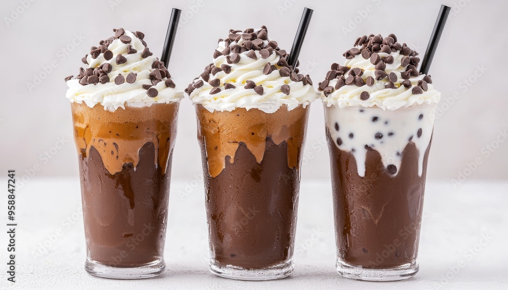 Iced chocolate drinks with whipped cream, chocolate chips, and syrup, perfect for showcasing a cold, sweet dessert treat Iced chocolate drinks with whipped cream, chocolate chips, and syrup, perfect for showcasing a cold, sweet dessert treat