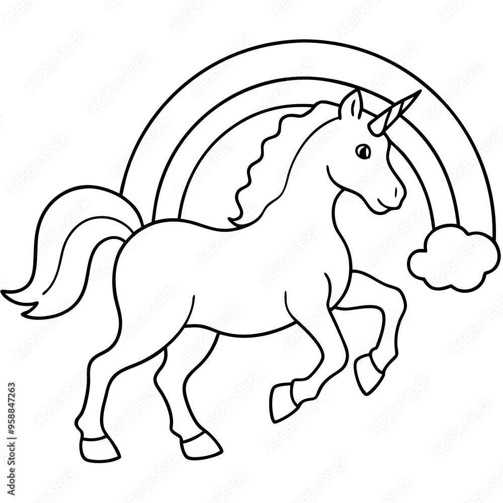 Unicorn with a flowing mane flying through a rainbow Unicorn with a flowing mane flying through a rainbow