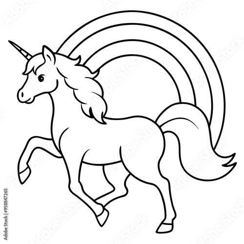 Unicorn with a flowing mane flying through a rainbow