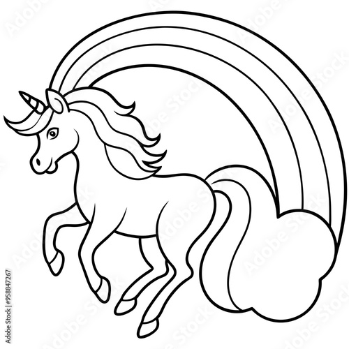 Magical unicorn prancing under a rainbow