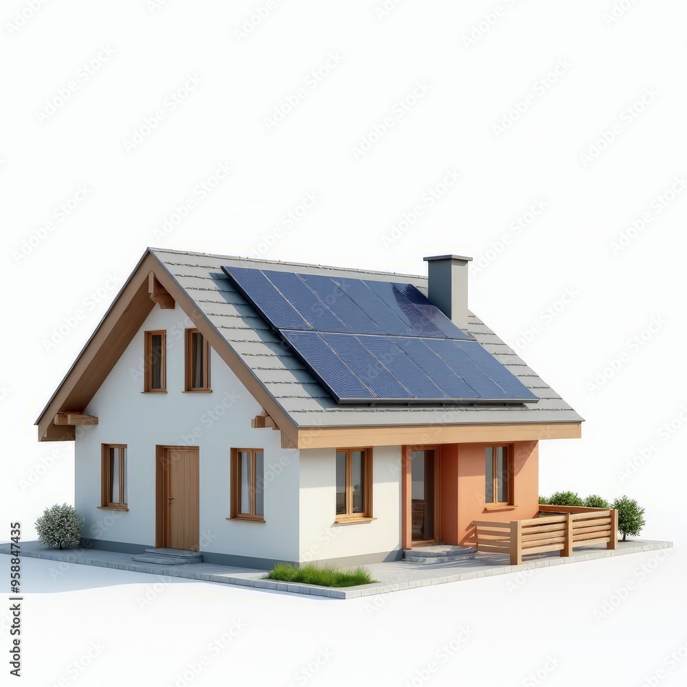 3D house with solar panels on the roof on a white background 3D house with solar panels on the roof on a white background