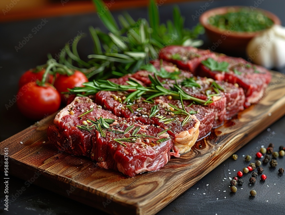 Raw beef steaks with rosemary, peppercorns, and tomatoes on a wooden cutting board. Raw beef steaks with rosemary, peppercorns, and tomatoes on a wooden cutting board.