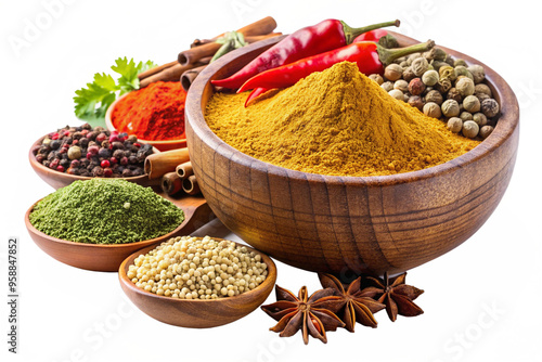 Asian spices and herbs in types of powder and grai flavorful and aromatic blends to enhance dishes photo