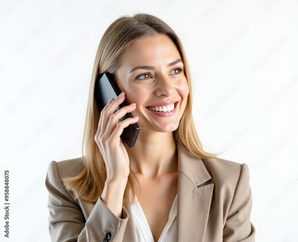 a businesswoman talking on the phone smiling on a white background a businesswoman talking on the phone smiling on a white background