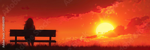 The Sorrowful Sunset: A woman sitting alone on a bench, watching the fading light with tears streaming down her face.