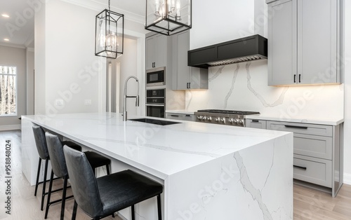 Luxurious kitchen design with white marble surfaces, gray cabinets, and black bar stools, blending modern aesthetics with timeless materials photo