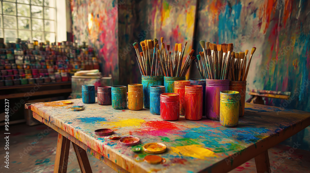 Vibrant studio filled with colorful paintbrushes and art supplies Vibrant studio filled with colorful paintbrushes and art supplies