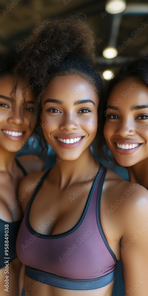 Fototapeta premium Smiling Athletic Women in Sportswear at the Gym Embracing Positive Energy