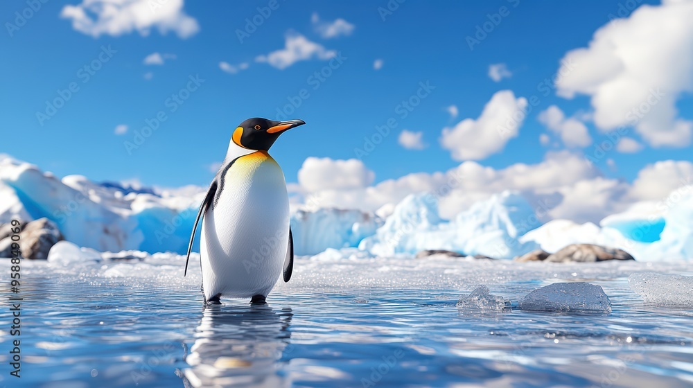Obraz premium A majestic penguin stands on icy terrain under a bright blue sky, showcasing the beauty of nature in a serene polar environment.