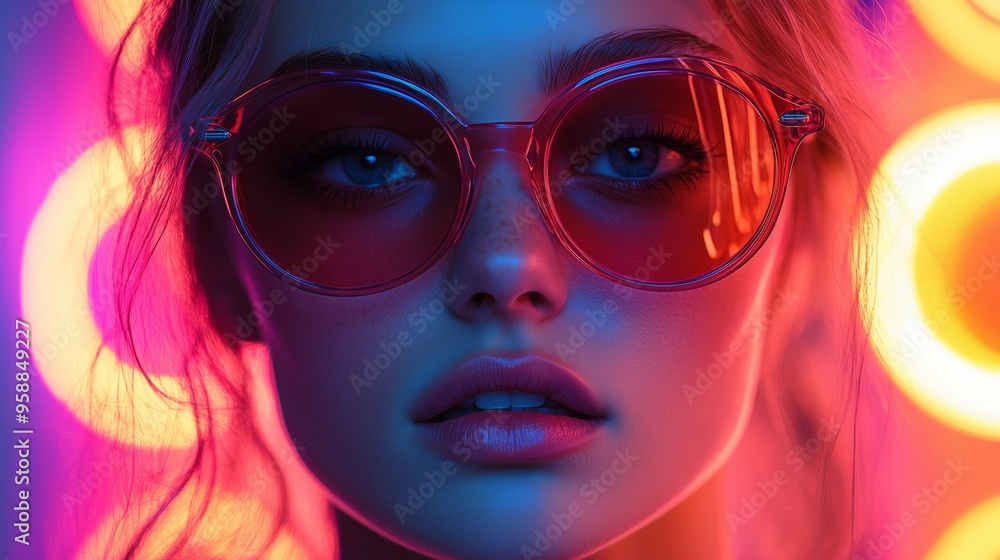 A vibrant portrait of a young woman wearing oversized sunglasses against a colorful neon backdrop in an urban setting at night A vibrant portrait of a young woman wearing oversized sunglasses against a colorful neon backdrop in an urban setting at night