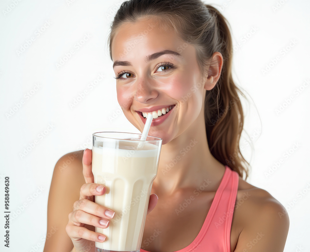 A female athlete drinks a milkshake and smiles on a white background A female athlete drinks a milkshake and smiles on a white background
