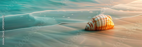 The Lonely Seashell: A single seashell resting on a sandy shore, surrounded by an ocean of loneliness. photo