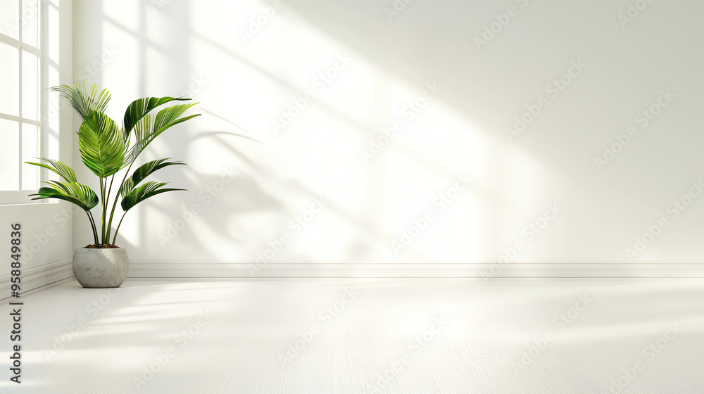 Bright and airy interior featuring a potted plant and subtle shadows, perfect for creating a calm atmosphere. Bright and airy interior featuring a potted plant and subtle shadows, perfect for creating a calm atmosphere.