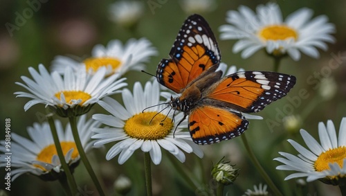 Vibrant butterfly perched on delicate daisies, showcasing natural tranquility.