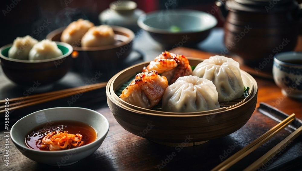 Vibrant dim sum dishes including BBQ pork buns and crystal shrimp dumplings. Vibrant dim sum dishes including BBQ pork buns and crystal shrimp dumplings.