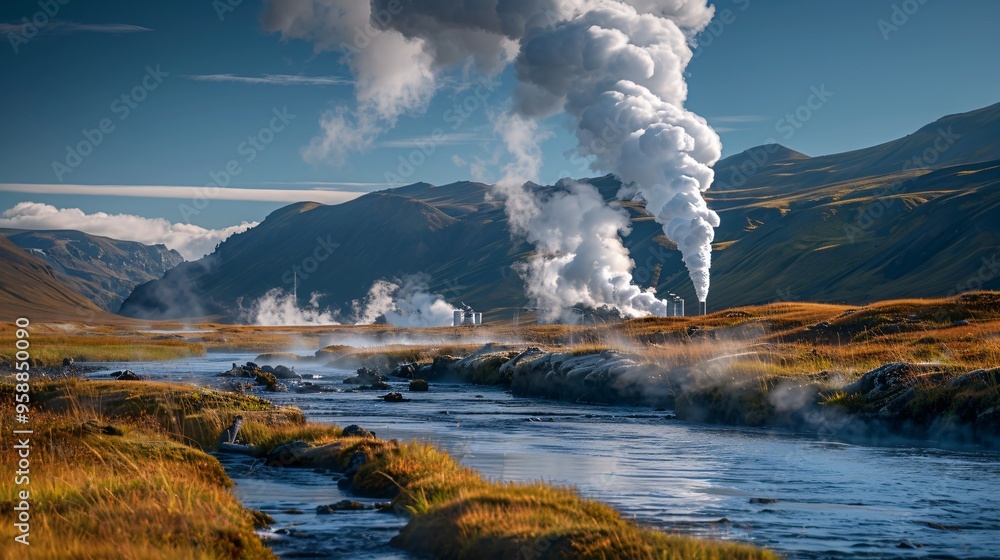 Fototapeta premium Geothermal power plant in mountains