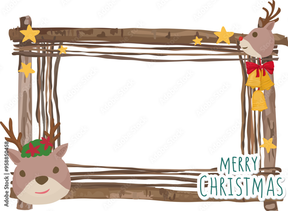 Fototapeta premium Christmas frame with reindeer illustration on transparent background. 