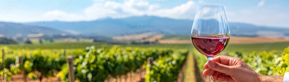 A hand holding a glass of red wine with a picturesque vineyard and mountain landscape in the background, perfect for wine enthusiasts.