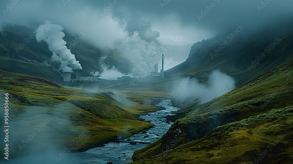 Fototapeta premium Geothermal power plant in mountains