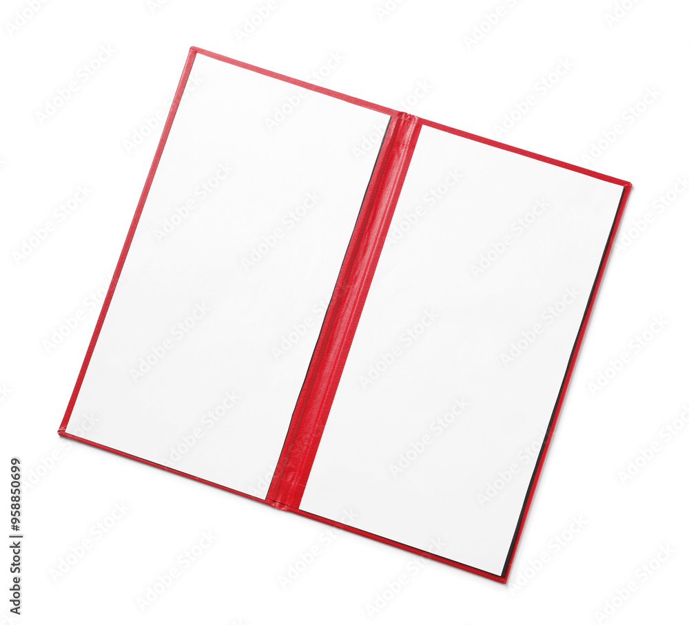 One hardcover notebook with blank sheets isolated on white, top view. Mockup for design One hardcover notebook with blank sheets isolated on white, top view. Mockup for design