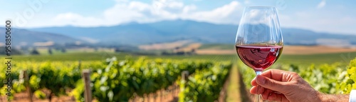 Obraz na płótnie A hand holding a glass of red wine with a picturesque vineyard and mountain landscape in the background, perfect for wine enthusiasts. w salonie