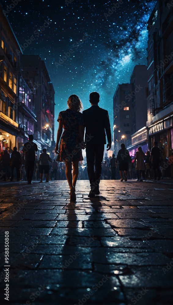 Vibrant nighttime cityscape with silhouetted figures dancing under stars. Vibrant nighttime cityscape with silhouetted figures dancing under stars.