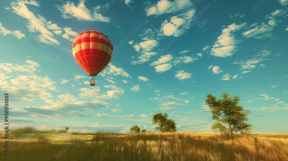 Hot Air Balloon Soaring Through a Sunny Sky Hot Air Balloon Soaring Through a Sunny Sky