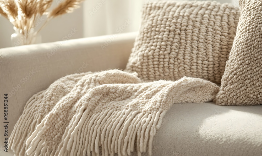 White Knit Blanket and Pillows on a Couch White Knit Blanket and Pillows on a Couch