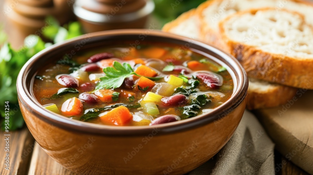 bowl of hearty vegetable soup with carrots, celery, beans, and spinach, served with whole grain bread on the side. bowl of hearty vegetable soup with carrots, celery, beans, and spinach, served with whole grain bread on the side.