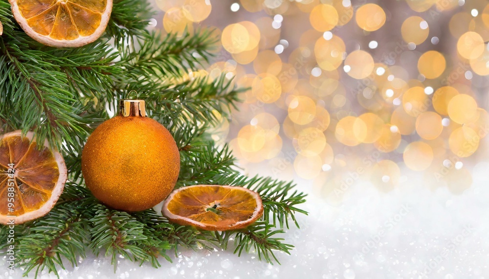 Tannenzweige mit christbaumkugel, oragenacheiben an der rechten seite rest Textfreium mit bouquet Tannenzweige mit christbaumkugel, oragenacheiben an der rechten seite rest Textfreium mit bouquet