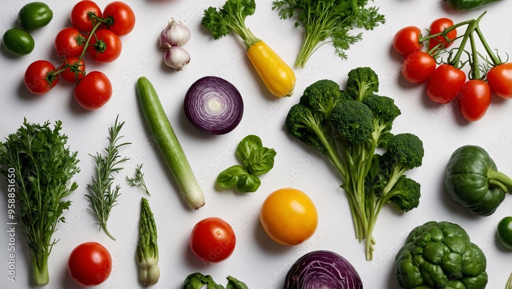 Vibrant Vegetables and Herbs Displayed on White Background Vibrant Vegetables and Herbs Displayed on White Background
