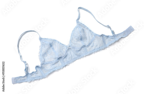 Elegant light blue lace women's underwear isolated on white, top view