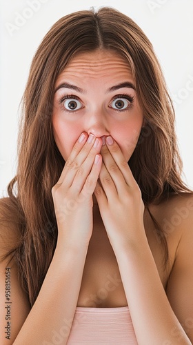 Young woman with wide-eyed expression of shock or surprise, covering her mouth with both hands against a white background, conveying intense emotion.