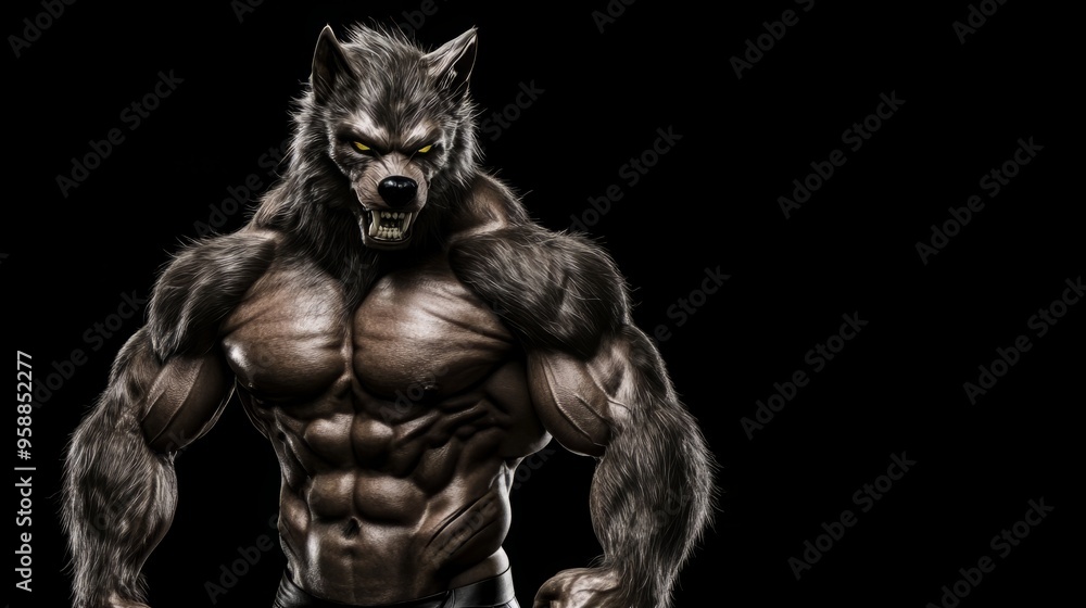 Powerful Werewolf Standing in Menacing Pose Against Dark Background - Digital Illustration with Realistic, Superhuman Muscular Details and Intense Expression. Generative AI Powerful Werewolf Standing in Menacing Pose Against Dark Background - Digital Illustration with Realistic, Superhuman Muscular Details and Intense Expression. Generative AI