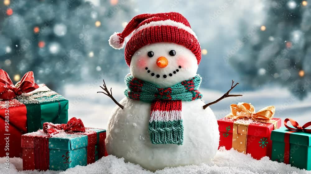 Snowman wearing scarf and hat surrounded by presents Snowman wearing scarf and hat surrounded by presents
