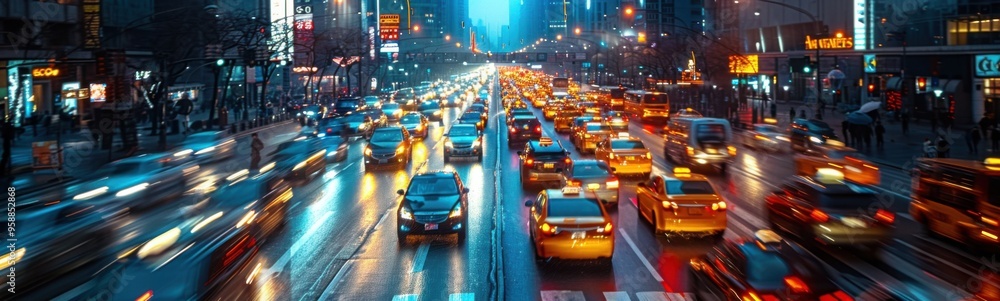 Fototapeta premium Cars are driving down a busy city street at night, banner