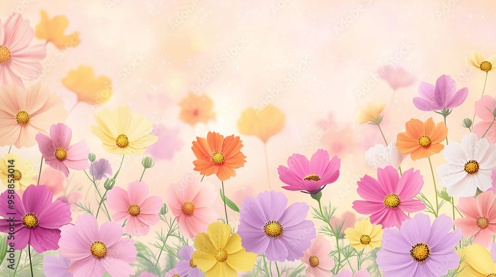 Serene, dreamy floral background design, pastel wildflowers blooming, meadow, soft bokeh background. spring, summer designs, invitations, and seasonal décor, natural, peaceful vibe. ample copy space Serene, dreamy floral background design, pastel wildflowers blooming, meadow, soft bokeh background. spring, summer designs, invitations, and seasonal décor, natural, peaceful vibe. ample copy space