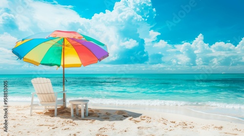 beach with umbrella and chairs generative AI