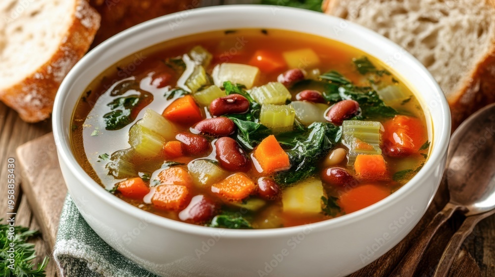 bowl of hearty vegetable soup with carrots, celery, beans, and spinach, served with whole grain bread on the side. bowl of hearty vegetable soup with carrots, celery, beans, and spinach, served with whole grain bread on the side.