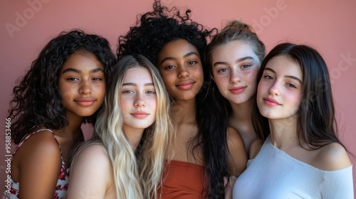 Diverse young women posing together for a group photo.