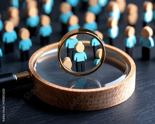 A magnifying glass highlighting a unique figure among many, symbolizing individuality and focus in a crowd of identical characters.