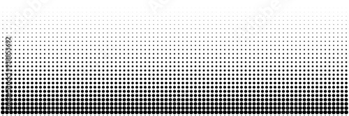Horizontal halftone background with gradient. Grunge wallpaper with black dots, monochrome smooth transition for creating designs in comic style, retro collage.