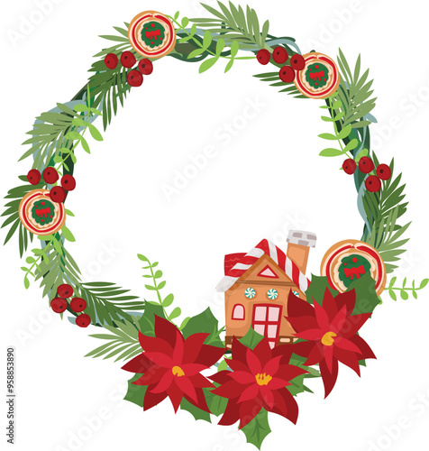 Beautiful christmas wreath illustration on transparent background.
 photo