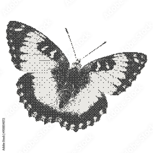 Vintage monochrome butterfly. Collage with a gothic aesthetic. Retro bitmap scrapbooking style with cutout element. Trendy sticker for poster art or t-shirt with photocopy dotted effect.