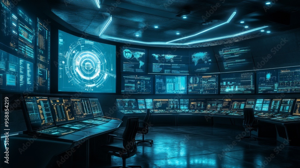 Futuristic Control Room with Monitors and Data Visualization. Futuristic Control Room with Monitors and Data Visualization.