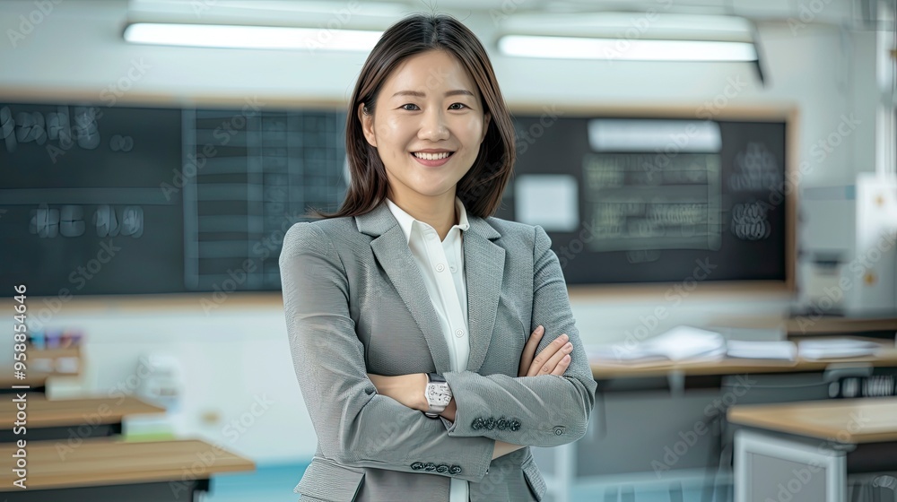 high detailed wide headshot photo of a standing teacher asian adult female smiling with arms crossed, wearing comfortable formal and modern clothes with blazer in light grey colors, generative ai high detailed wide headshot photo of a standing teacher asian adult female smiling with arms crossed, wearing comfortable formal and modern clothes with blazer in light grey colors, generative ai