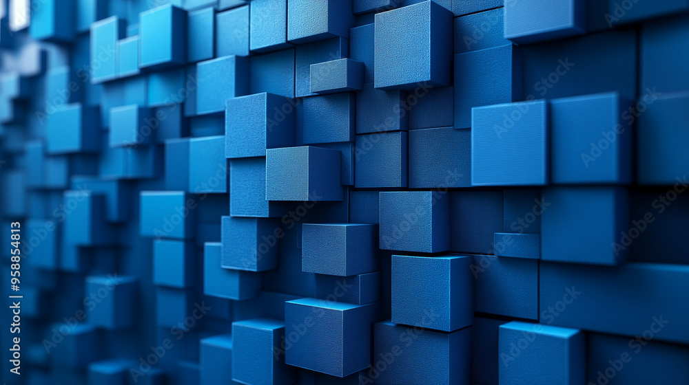 A textured blue wall made of three-dimensional cubes creating a modern abstract design in an interior space A textured blue wall made of three-dimensional cubes creating a modern abstract design in an interior space
