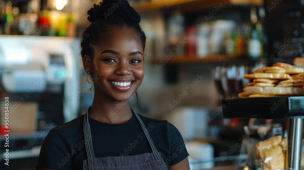 Smiling Black Waitress Standing Behind Counter with Monitor Point of Sale System in a Modern Restaurant, Emphasizing Service, Technology, and Hospitality in a Professional Dining Environment. Smiling Black Waitress Standing Behind Counter with Monitor Point of Sale System in a Modern Restaurant, Emphasizing Service, Technology, and Hospitality in a Professional Dining Environment.