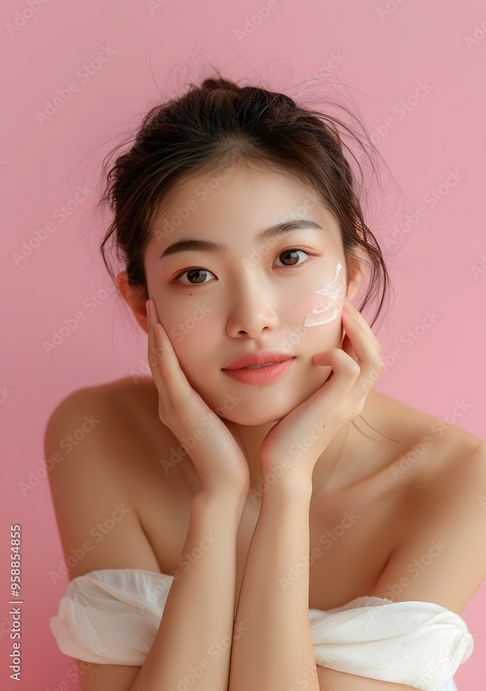 Beautiful Asian Woman Applying Cream On Her Face Beautiful Asian Woman Applying Cream On Her Face