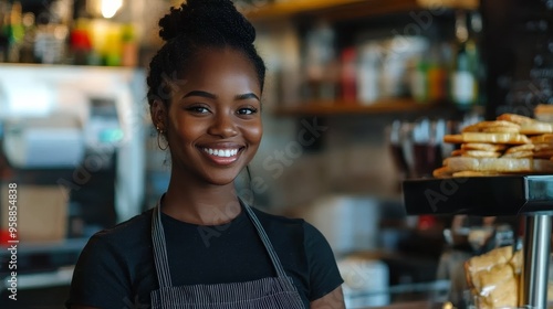Smiling Black Waitress Standing Behind Counter with Monitor Point of Sale System in a Modern Restaurant, Emphasizing Service, Technology, and Hospitality in a Professional Dining Environment.